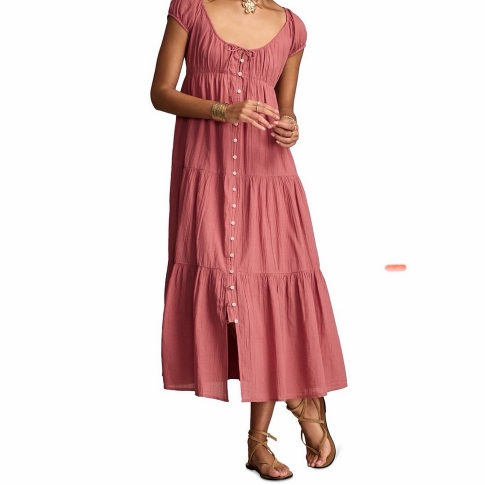 Lucky Brand Cotton Button-Front Tiered Maxi Dress in Dusty Rose